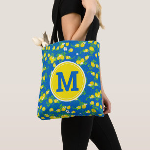 Zomerlijke blauwe en gele citroenen bloempatroon t tote bag