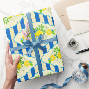 Zomerlijke blauwe strepen en citroenen en bladeren cadeaupapier