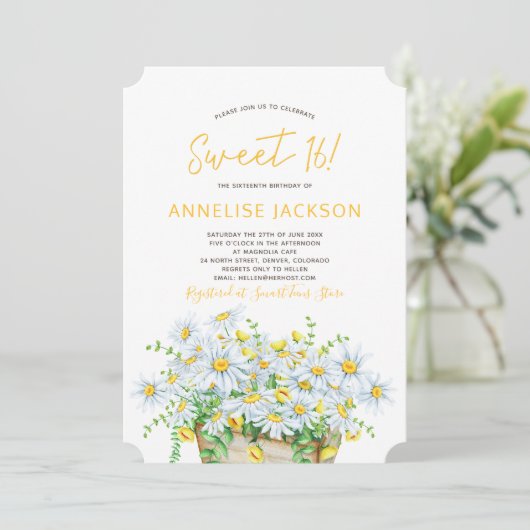 Zomermadeliefjes geel en wit kant zoet zestien kaart (Staand voorkant)