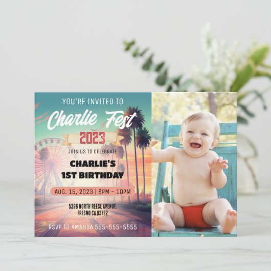 Zomermuziekfestival foto 1e verjaardagsfeestje kaart (Staand voorkant)