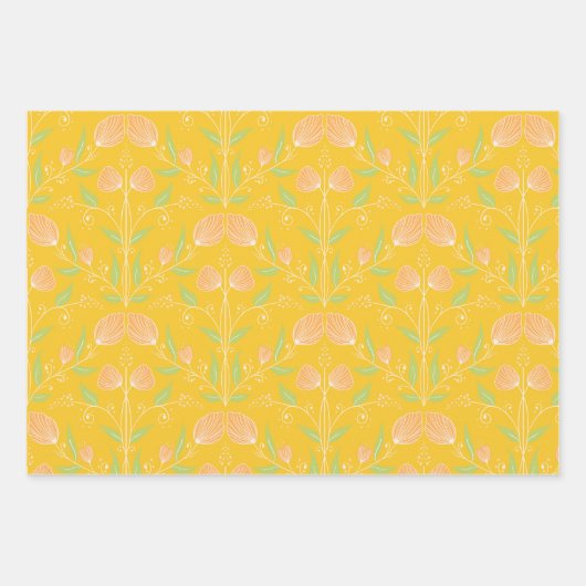 Zomerochtend - Geel en Perzik Bloemen & Strepen Inpakpapier Vel (Voorkant)