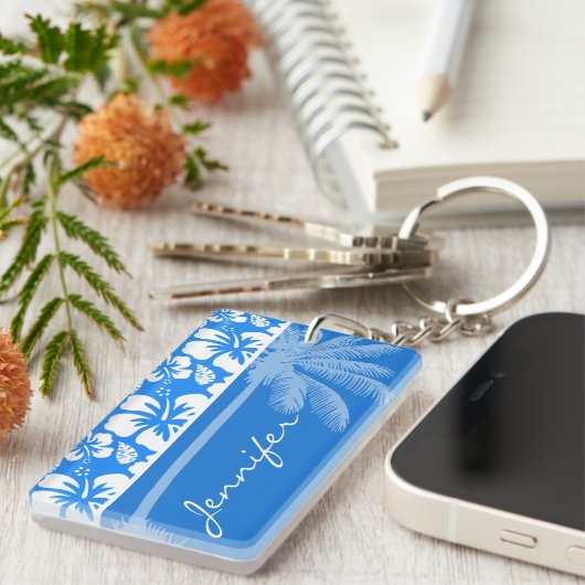 Zomerpalm; Azure Blue Tropical Hibiscus Sleutelhanger (Voorkant Rechts)