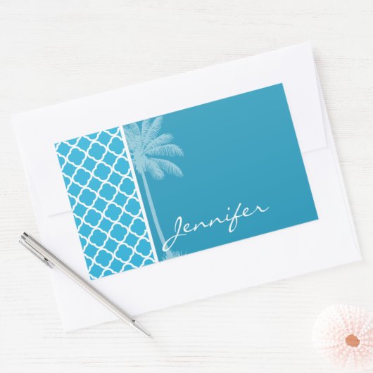 Zomerpalm; Helder Cerulean Quatrefoil Rechthoekige Sticker (Envelop)