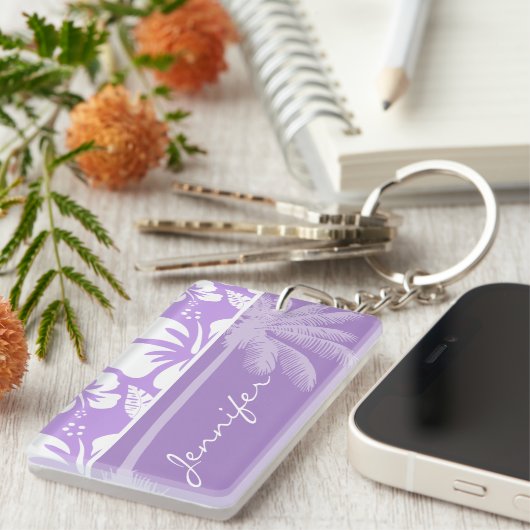 Zomerpalm; Heldere Lavendel Tropische Hibiscus Sleutelhanger (Voorkant Rechts)