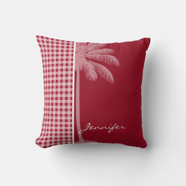 Zomerpalm; karmijn rode gingham; geruit kussen (Voorkant)
