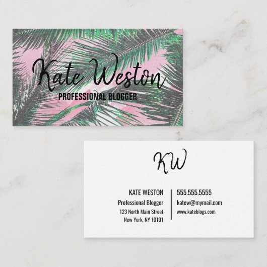 Zomerpalm laat roze Waterverf penseelstreken Visitekaartje (Voorkant / Achterkant)