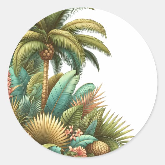 Zomerpalm tropische boom en bladeren ronde sticker (Voorkant)