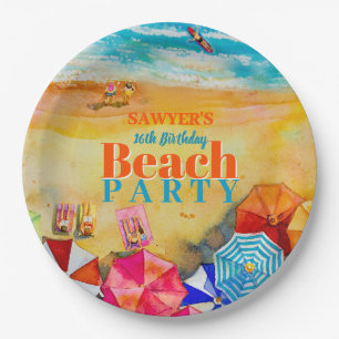 Zomerparaplu's op het zand 16e verjaardag papieren bordje