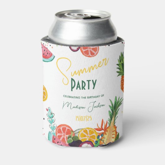 Zomerpartij gele tropische fruituitnodiging blikjeskoeler (Blikje Achterkant)