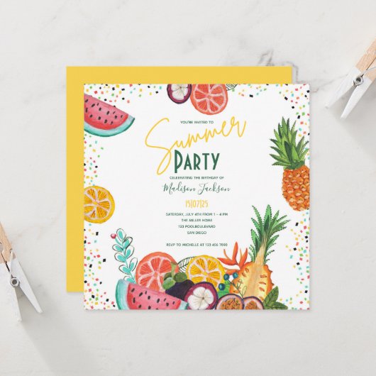 Zomerpartij gele tropische fruituitnodiging kaart (Voorkant / Achterkant in situ)