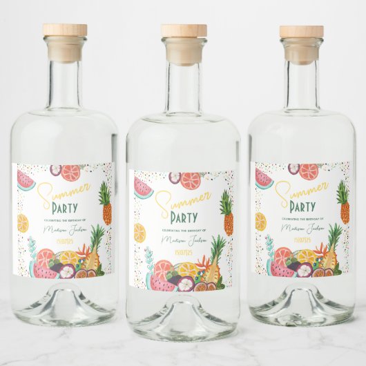 Zomerpartij gele tropische fruituitnodiging likeurfles etiket (Flessen)