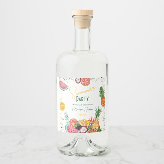 Zomerpartij gele tropische fruituitnodiging likeurfles etiket (Voorkant)