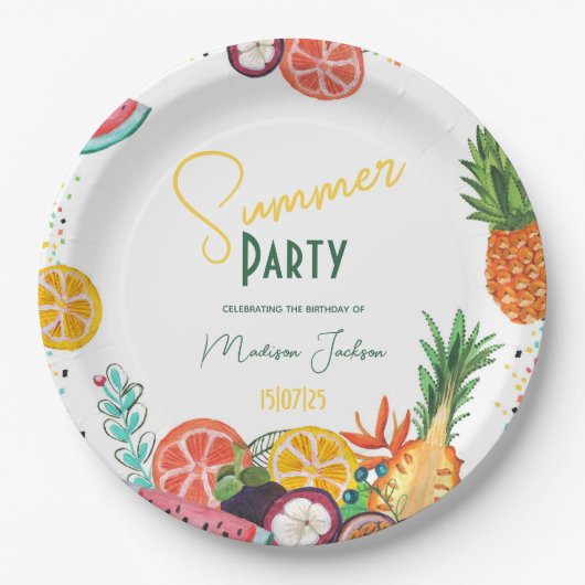 Zomerpartij gele tropische fruituitnodiging papieren bordje (Voorkant)