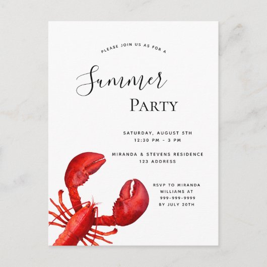 Zomerpartij rode kreeft witte uitnodiging (Voorkant)