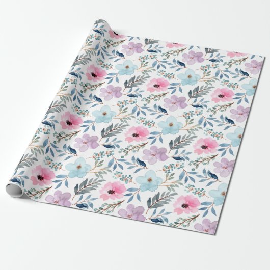 Zomerpastel Blauwe Waterverf Bloemen Patroon Cadeaupapier (Uitgerold)