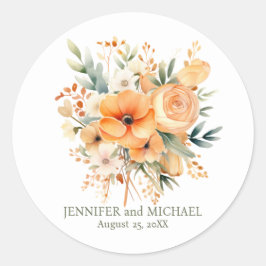 Zomerperzik en groene bloemen bruiloft ronde sticker