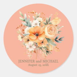 Zomerperzik en groene bloemen bruiloft ronde sticker