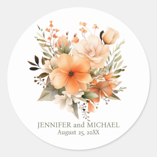 Zomerperzik en groene bloemen bruiloft ronde sticker (Voorkant)