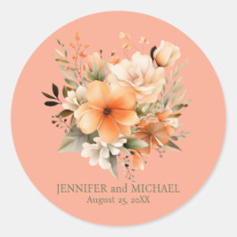 Zomerperzik en groene bloemen bruiloft ronde sticker