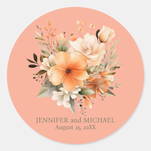 Zomerperzik en groene bloemen bruiloft ronde sticker (Voorkant)