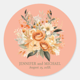 Zomerperzik en groene bloemen bruiloft ronde sticker