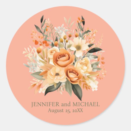 Zomerperzik en groene bloemen bruiloft ronde sticker (Voorkant)