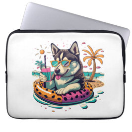 Zomerplezier met Schattigee Cool Husky Dog in Pool Laptop Sleeve