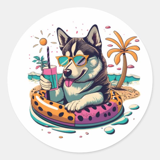 Zomerplezier met Schattigee Cool Husky Dog in Pool Ronde Sticker (Voorkant)