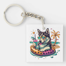 Zomerplezier met Schattigee Cool Husky Dog in Pool Sleutelhanger