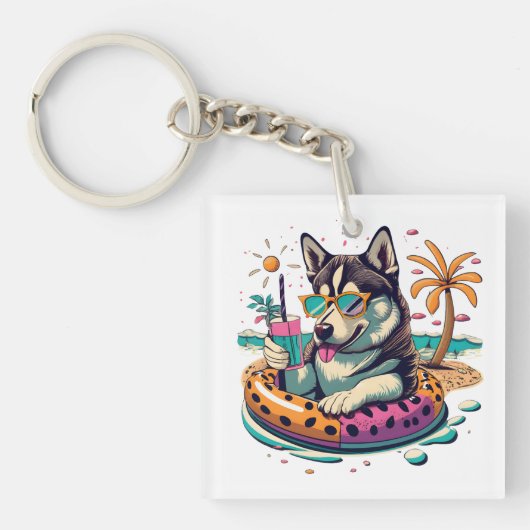 Zomerplezier met Schattigee Cool Husky Dog in Pool Sleutelhanger (voorkant)