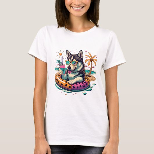 Zomerplezier met Schattigee Cool Husky Dog in Pool T-shirt (Voorkant)