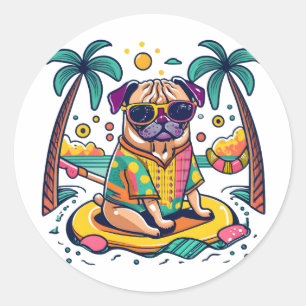 Zomerplezier met Schattigee Pug Dog in Zwembad Ronde Sticker