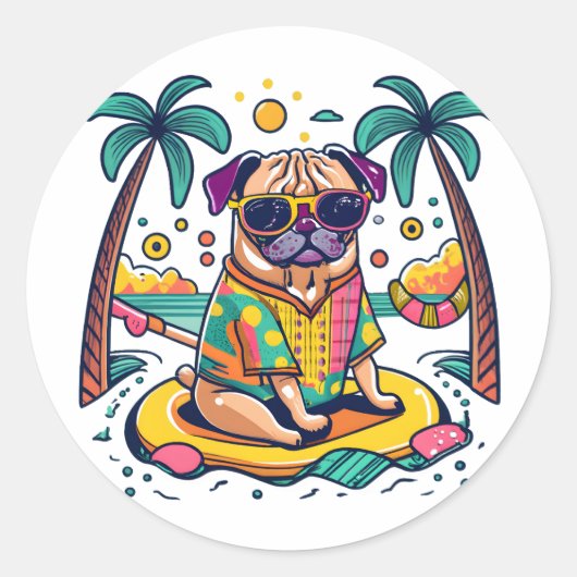 Zomerplezier met Schattigee Pug Dog in Zwembad Ronde Sticker (Voorkant)