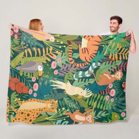 Zomerpluk Wilde dieren en oerwoud l Groen Fleece Deken (In situ)