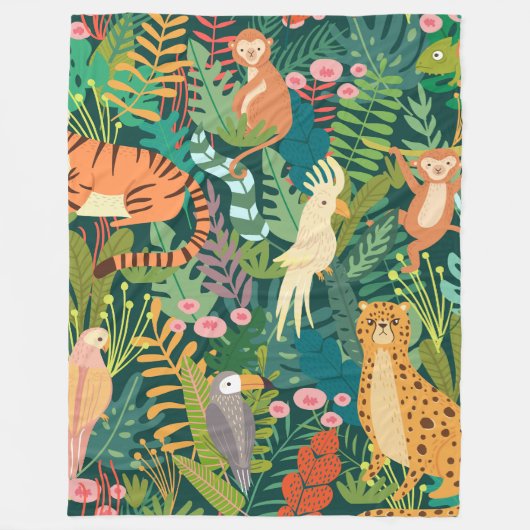Zomerpluk Wilde dieren en oerwoud l Groen Fleece Deken (Voorkant)