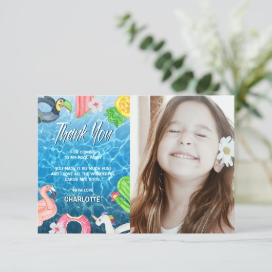 Zomerpret zwembad verjaardagsfeest foto bedankkaart (Staand voorkant)