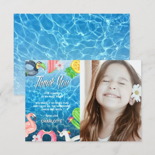 Zomerpret zwembad verjaardagsfeest foto bedankkaart (Voorkant / Achterkant)