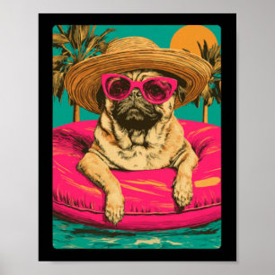 Zomerpug Met Zonnebril Cute Hond Tropisch Zwembad Poster