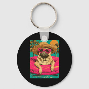 Zomerpug Met Zonnebril Cute Hond Tropisch Zwembad Sleutelhanger