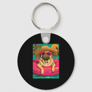 Zomerpug met zonnebril cute hond tropisch zwembad sleutelhanger