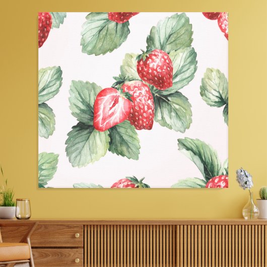 Zomerrijpe aardbeien: Waterverf roze Canvas Afdruk (Insitu (Woonkamer))