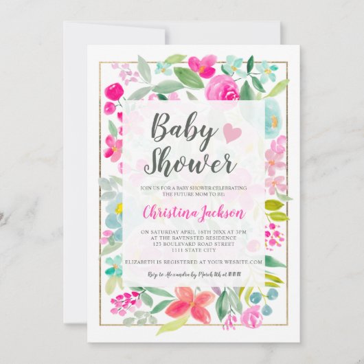 Zomerroze bloemengoud waterverf baby shower kaart (Voorkant)