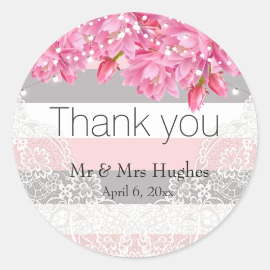 Zomerroze en grijze strepen Floral Lace bruiloft Ronde Sticker (Voorkant)
