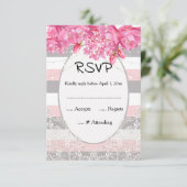 Zomerroze en grijze strepen Floral Lace bruiloft RSVP Kaartje (Staand voorkant)