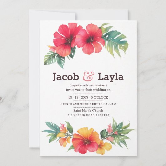 Zomerroze sinaasappel groen tropisch bloemenbruilo kaart (Voorkant)