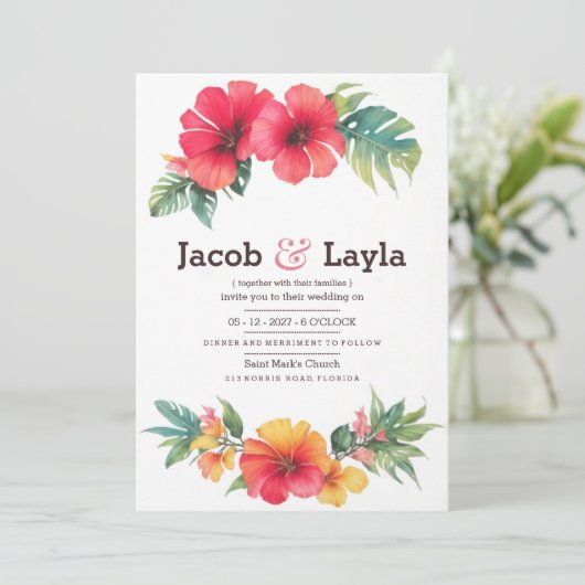 Zomerroze sinaasappel groen tropisch bloemenbruilo kaart (Staand voorkant)