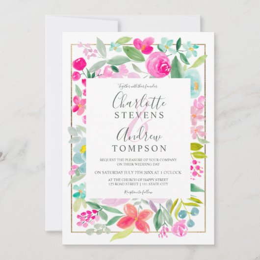 Zomerroze waterverf bruiloft kaart (Voorkant)