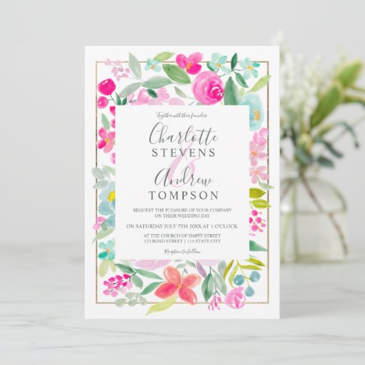 Zomerroze waterverf bruiloft kaart (Staand voorkant)