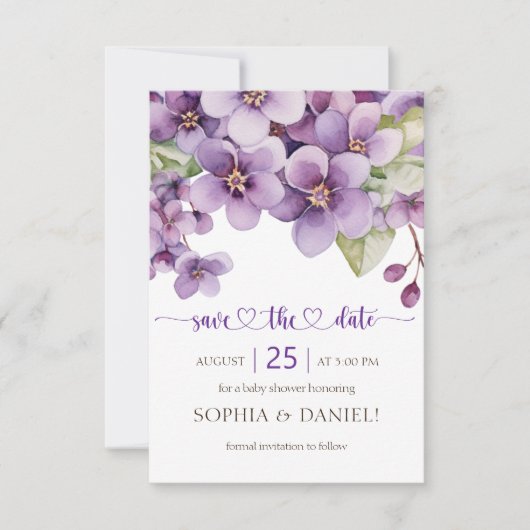 Zomerse Paarse Fijne Violette Bloemen Baby shower Save The Date (Voorkant)