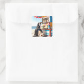 Zomerse pinguïn bij Ice Cream Stand Vierkante Sticker (Tas)